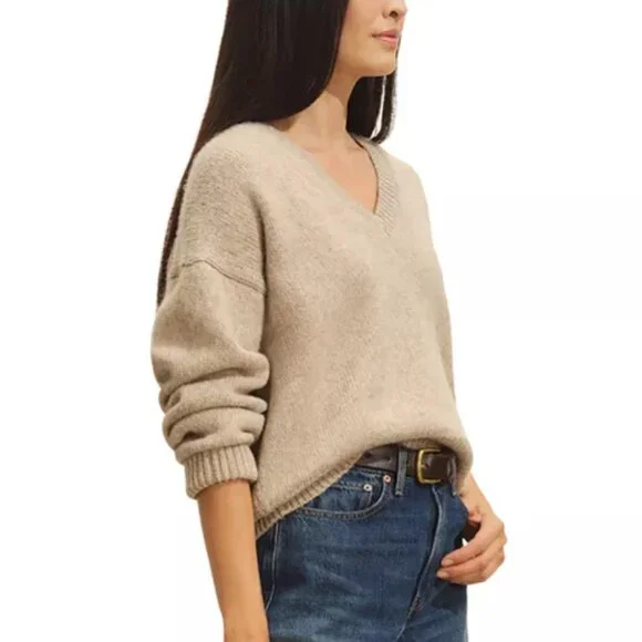 Buck Mason Highland Alpaca Boxy V-Neck Heather Khaki Size  XL - Picture 2 of 10